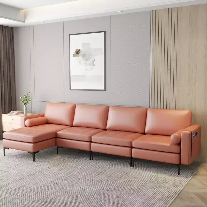 Divano componibile a L Costway con chaise longue reversibile e 4 porte USB Rosa Corallo/Grigio