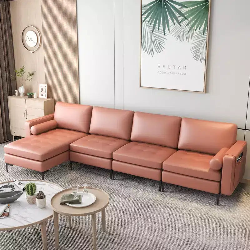 Divano componibile a L Costway con chaise longue reversibile e 4 porte USB Rosa Corallo/Grigio