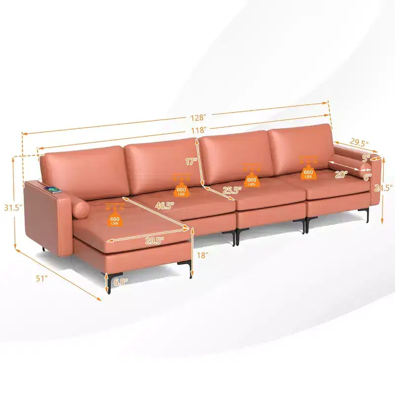 Divano componibile a L Costway con chaise longue reversibile e 4 porte USB Rosa Corallo/Grigio