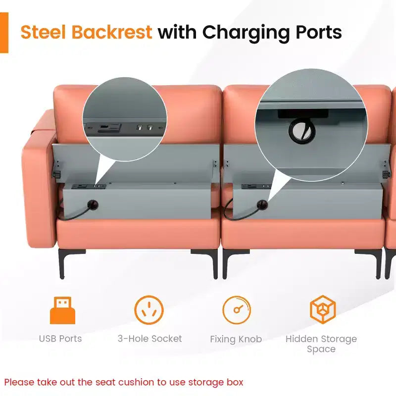 Divano componibile a L Costway con chaise longue reversibile e 4 porte USB Rosa Corallo/Grigio
