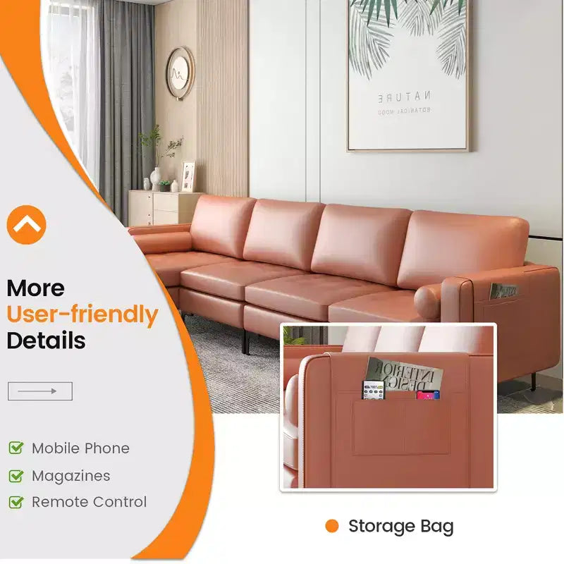 Divano componibile a L Costway con chaise longue reversibile e 4 porte USB Rosa Corallo/Grigio