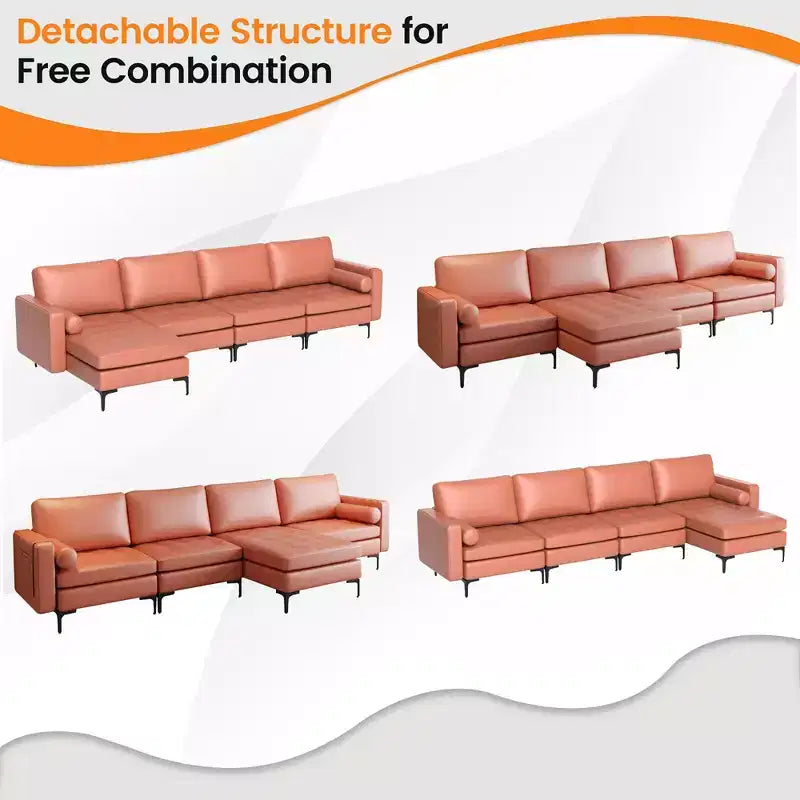 Divano componibile a L Costway con chaise longue reversibile e 4 porte USB Rosa Corallo/Grigio