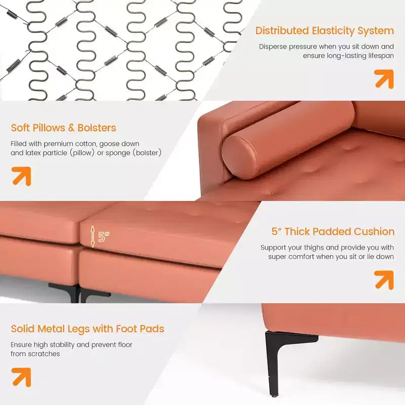 Divano componibile a L Costway con chaise longue reversibile e 4 porte USB Rosa Corallo/Grigio