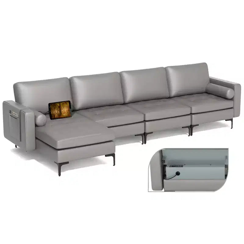 Divano componibile a L Costway con chaise longue reversibile e 4 porte USB Rosa Corallo/Grigio
