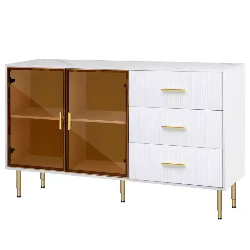 Credenza moderna, mobile contenitore con ante in vetro temperato color ambra e gambe e maniglie in metallo dorato-ModernLuxe
