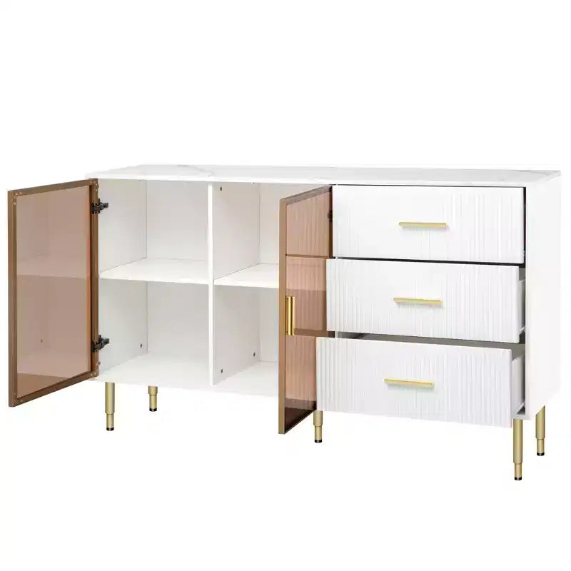 Credenza moderna, mobile contenitore con ante in vetro temperato color ambra e gambe e maniglie in metallo dorato-ModernLuxe