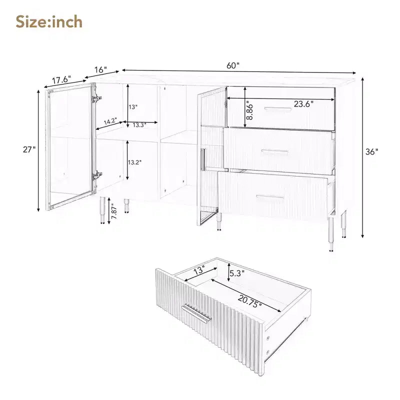 Credenza moderna, mobile contenitore con ante in vetro temperato color ambra e gambe e maniglie in metallo dorato-ModernLuxe
