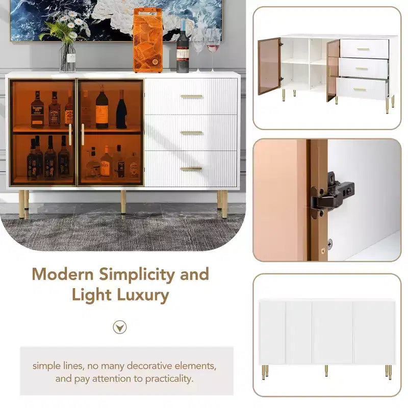 Credenza moderna, mobile contenitore con ante in vetro temperato color ambra e gambe e maniglie in metallo dorato-ModernLuxe