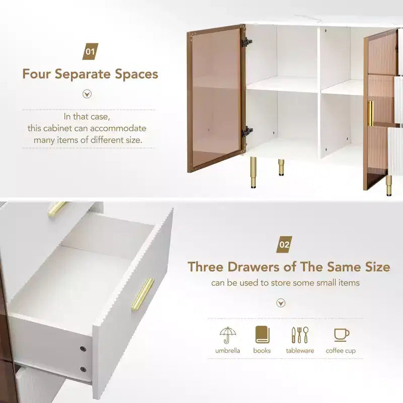 Credenza moderna, mobile contenitore con ante in vetro temperato color ambra e gambe e maniglie in metallo dorato-ModernLuxe