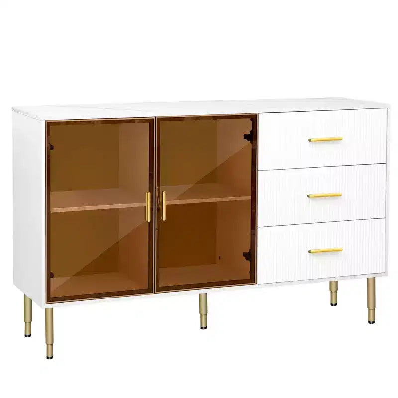 Credenza moderna, mobile contenitore con ante in vetro temperato color ambra e gambe e maniglie in metallo dorato-ModernLuxe
