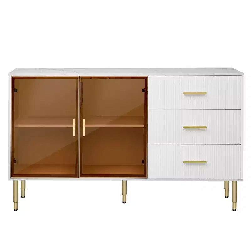 Credenza moderna, mobile contenitore con ante in vetro temperato color ambra e gambe e maniglie in metallo dorato-ModernLuxe