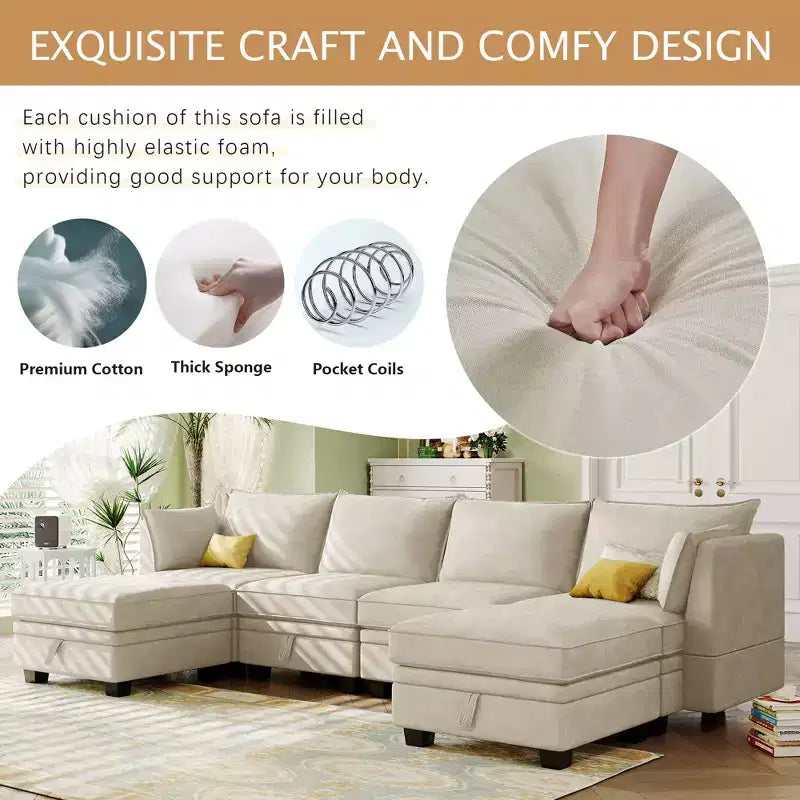 115.1 Divano componibile a U grande e moderno, con contenitore, divano letto convertibile con chaise longue reversibile - ModernLuxe
