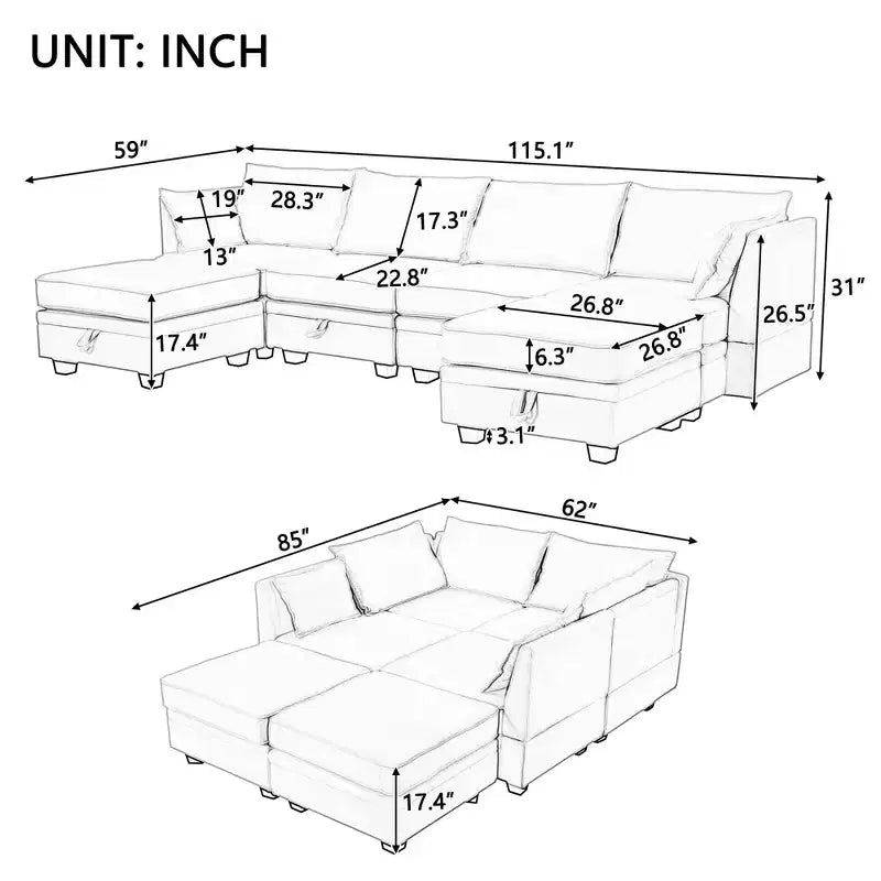 115.1 Divano componibile a U grande e moderno, con contenitore, divano letto convertibile con chaise longue reversibile - ModernLuxe