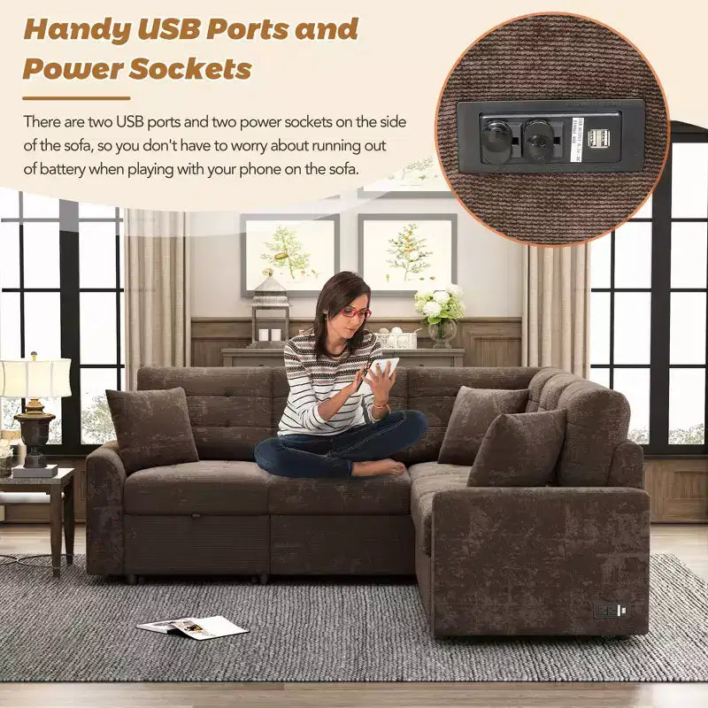 Divano letto a L da 82,6 W con ruote, divano letto estraibile con porte USB e prese di corrente - ModernLuxe