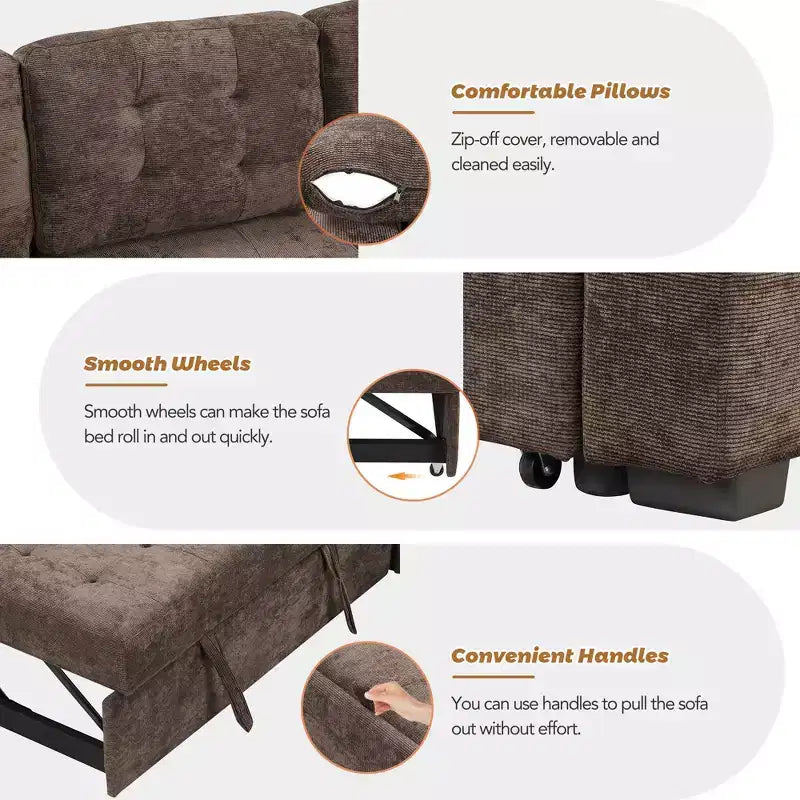 Divano letto a L da 82,6 W con ruote, divano letto estraibile con porte USB e prese di corrente - ModernLuxe