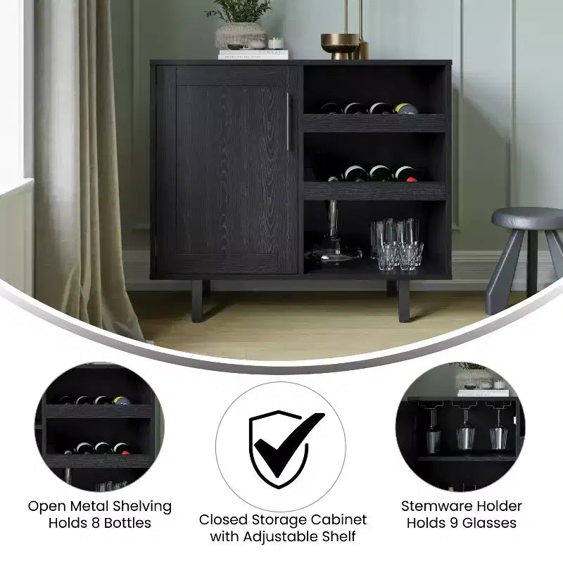Meuble bar et bahut classique Emma et Oliver avec armoire à porte simple de style Shaker avec rangement pour verres suspendu et étagères ouvertes pour bouteilles