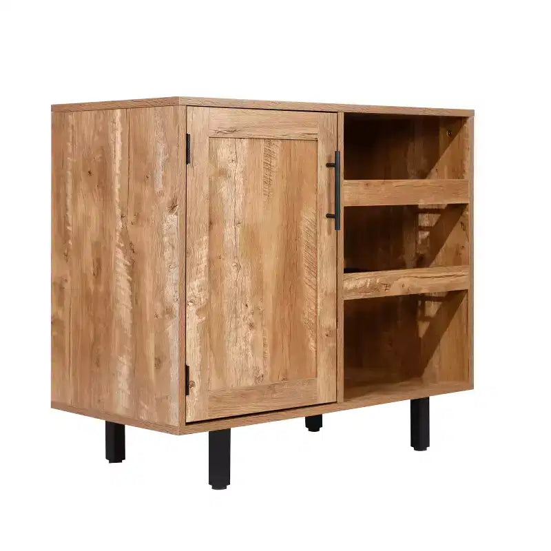 Meuble bar et bahut classique Emma et Oliver avec armoire à porte simple de style Shaker avec rangement pour verres suspendu et étagères ouvertes pour bouteilles