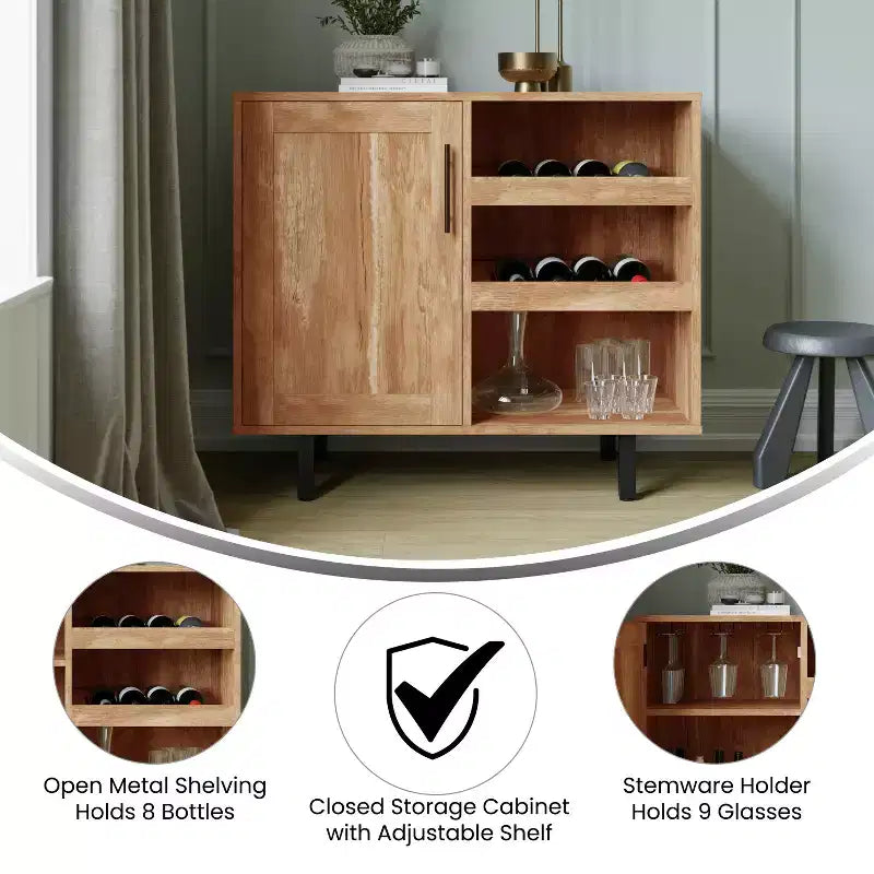 Meuble bar et bahut classique Emma et Oliver avec armoire à porte simple de style Shaker avec rangement pour verres suspendu et étagères ouvertes pour bouteilles