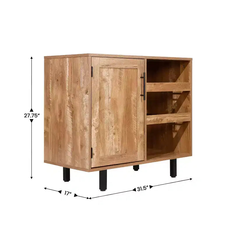 Meuble bar et bahut classique Emma et Oliver avec armoire à porte simple de style Shaker avec rangement pour verres suspendu et étagères ouvertes pour bouteilles