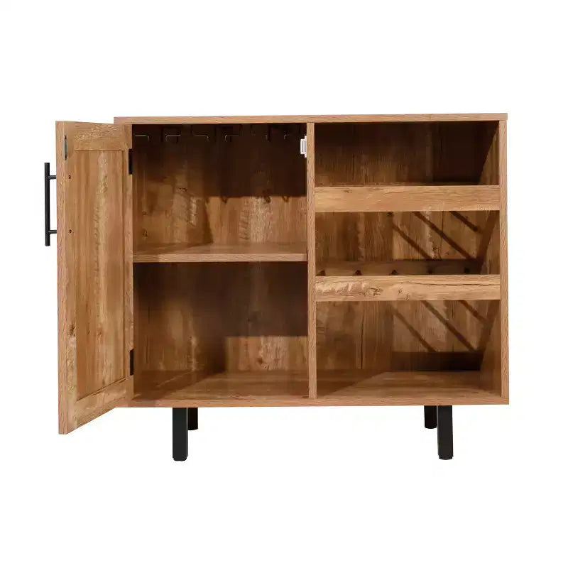 Meuble bar et bahut classique Emma et Oliver avec armoire à porte simple de style Shaker avec rangement pour verres suspendu et étagères ouvertes pour bouteilles