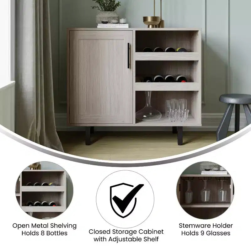 Meuble bar et bahut classique Emma et Oliver avec armoire à porte simple de style Shaker avec rangement pour verres suspendu et étagères ouvertes pour bouteilles