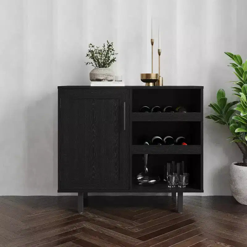 Meuble bar et bahut classique Emma et Oliver avec armoire à porte simple de style Shaker avec rangement pour verres suspendu et étagères ouvertes pour bouteilles