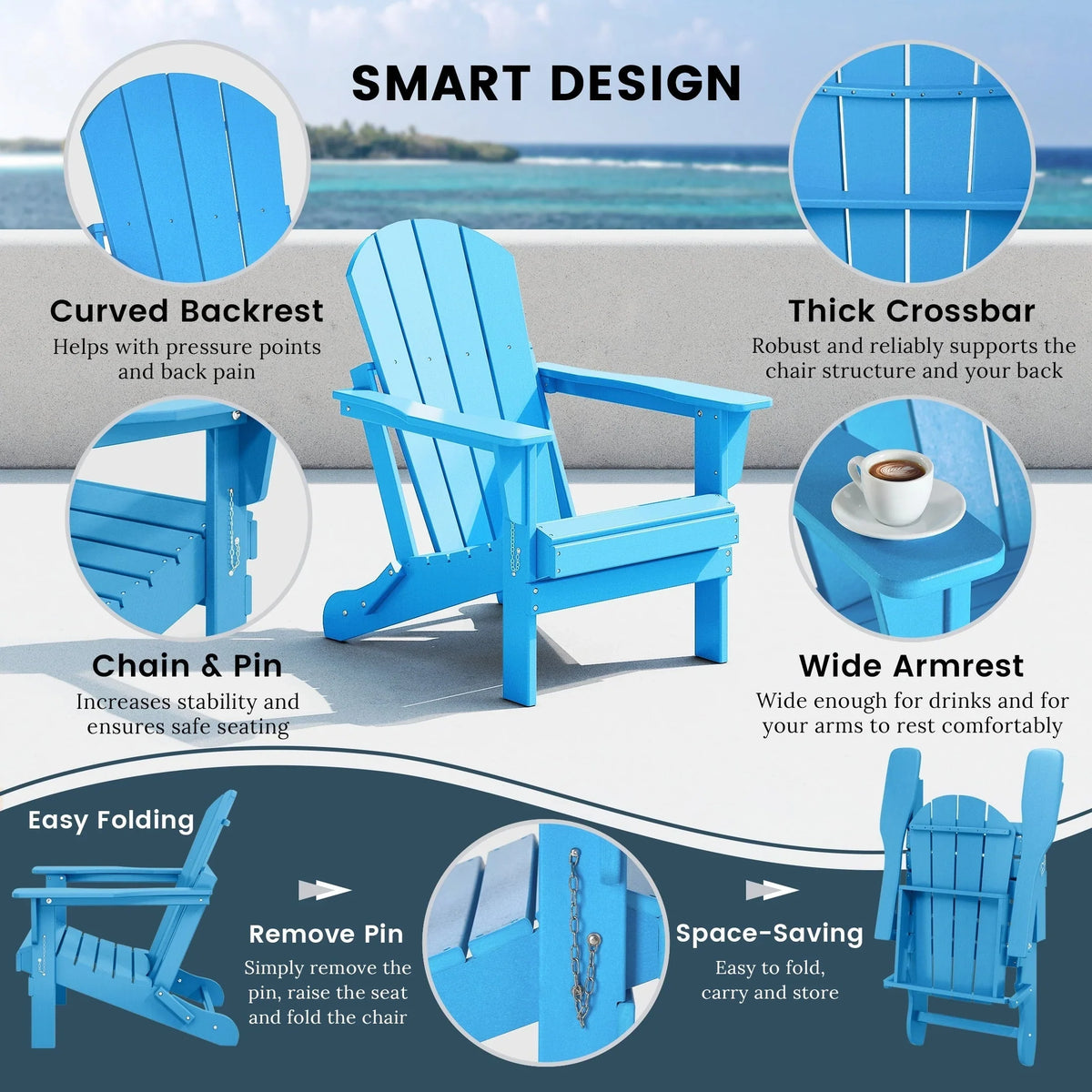 Polytrends Laguna Fade Resistant All Weather Outdoor Patio Folding Adirondack Chair