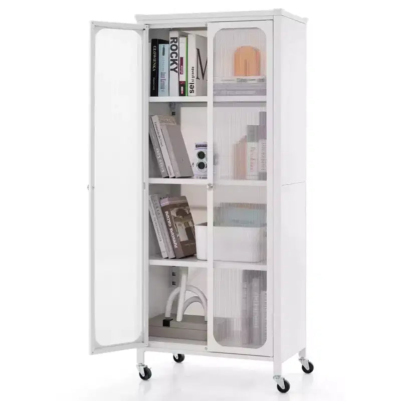 Costway Storage Cabinet with Wheels & 2 Translucent Doors Adjustable Shelves Sideboard 24 x 14.5 x 58