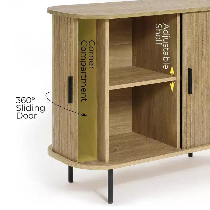 Credenza Buffet LuxenHome con Ante Scorrevoli in Doghe e Ripiano, Mobiletto Accento a 2 Ante Moderno di Metà Secolo, 35 Pollici, Rovere