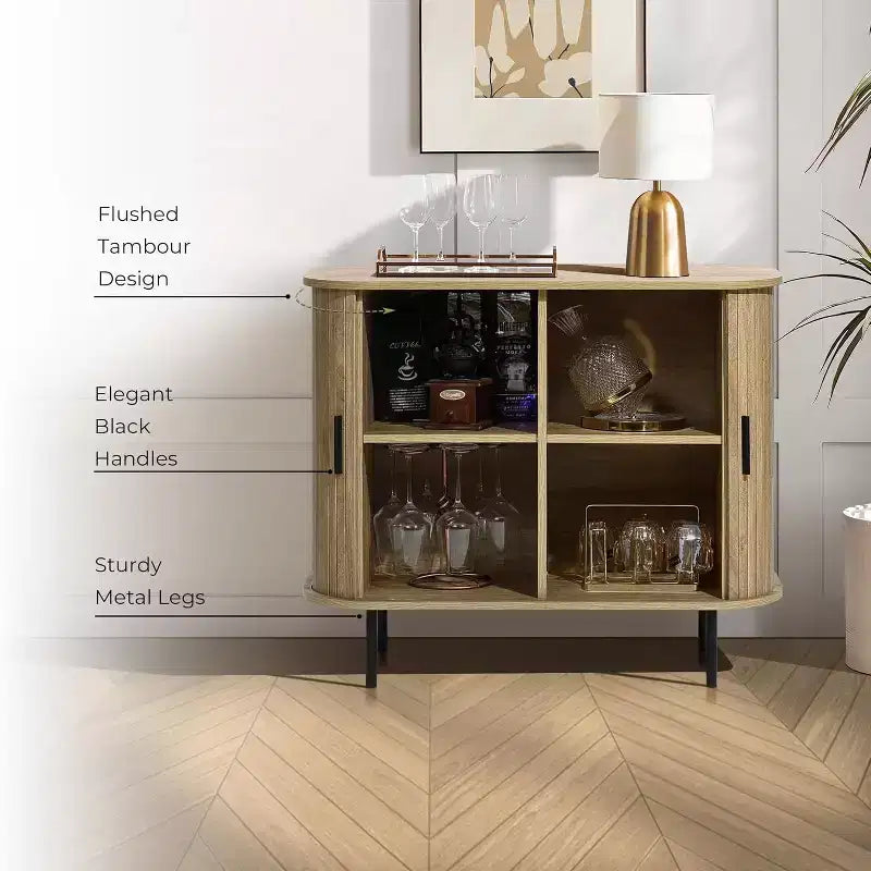 Credenza Buffet LuxenHome con Ante Scorrevoli in Doghe e Ripiano, Mobiletto Accento a 2 Ante Moderno di Metà Secolo, 35 Pollici, Rovere