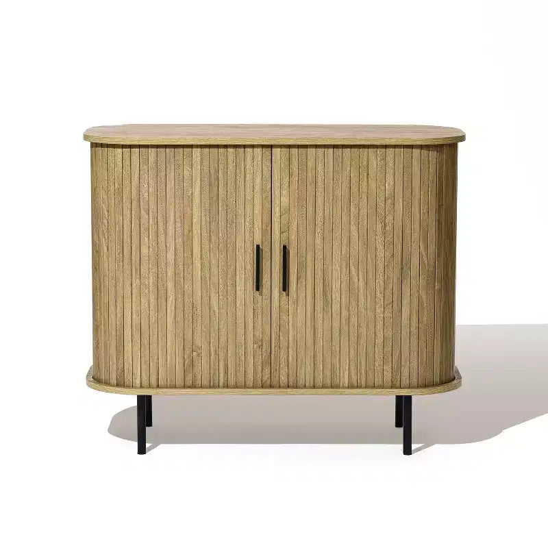 Credenza Buffet LuxenHome con Ante Scorrevoli in Doghe e Ripiano, Mobiletto Accento a 2 Ante Moderno di Metà Secolo, 35 Pollici, Rovere