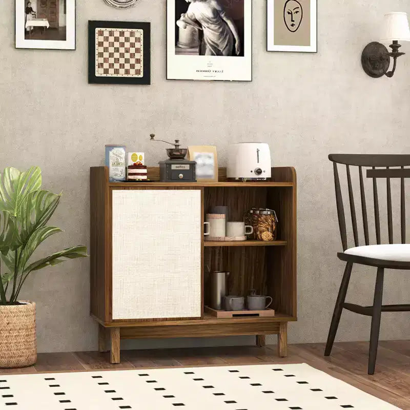 Costway Credenza in Rattan Mobile Contenitore da Fattoria con Anta Scorrevole e 2 Ripiani Regolabili
