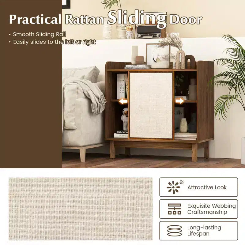 Costway Credenza in Rattan Mobile Contenitore da Fattoria con Anta Scorrevole e 2 Ripiani Regolabili