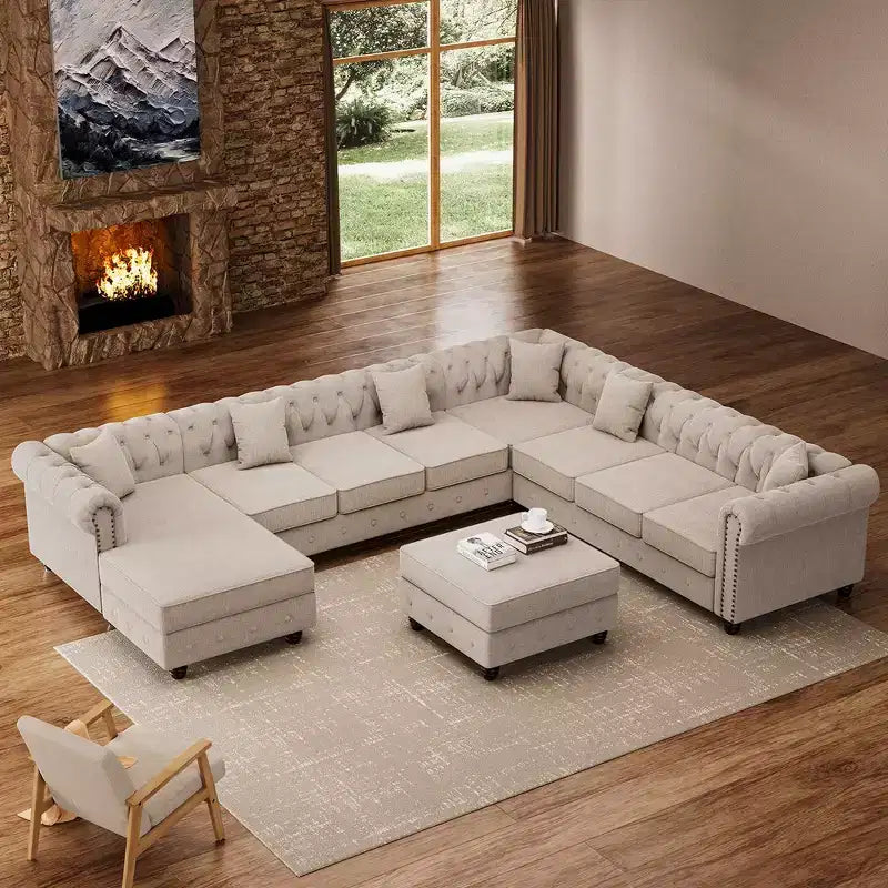 7 seater Linen U Shape Sectional Sofa 132 Large Rolled Arms Corner Couch with Ottoman-Morden Fort