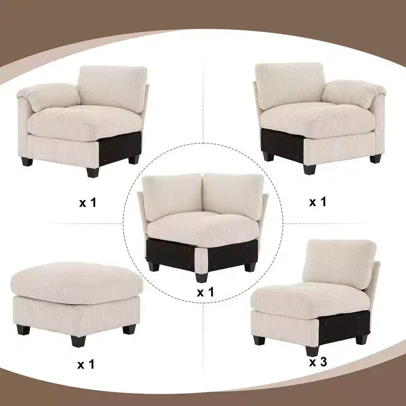 Divano sezionale modulare oversize Hyleory 115 in velluto a coste, divano a U con pouf mobile, grande divano angolare a 7 posti per soggiorno