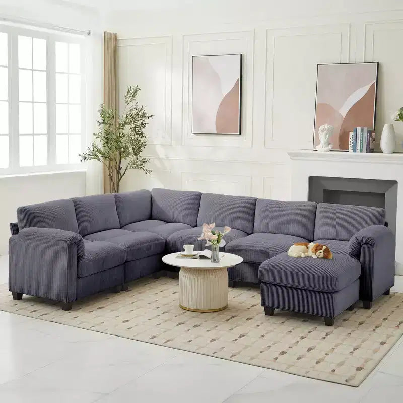 Divano sezionale modulare oversize Hyleory 115 in velluto a coste, divano a U con pouf mobile, grande divano angolare a 7 posti per soggiorno