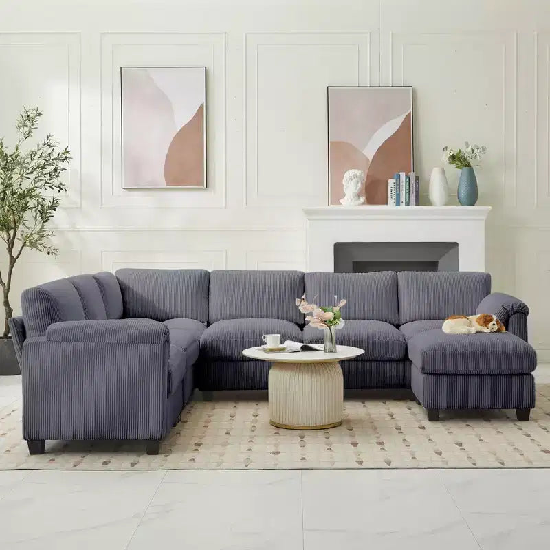 Divano sezionale modulare oversize Hyleory 115 in velluto a coste, divano a U con pouf mobile, grande divano angolare a 7 posti per soggiorno