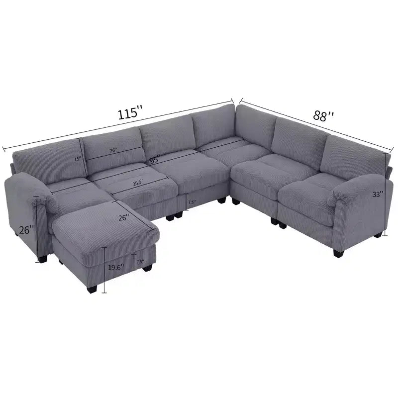 Divano sezionale modulare oversize Hyleory 115 in velluto a coste, divano a U con pouf mobile, grande divano angolare a 7 posti per soggiorno