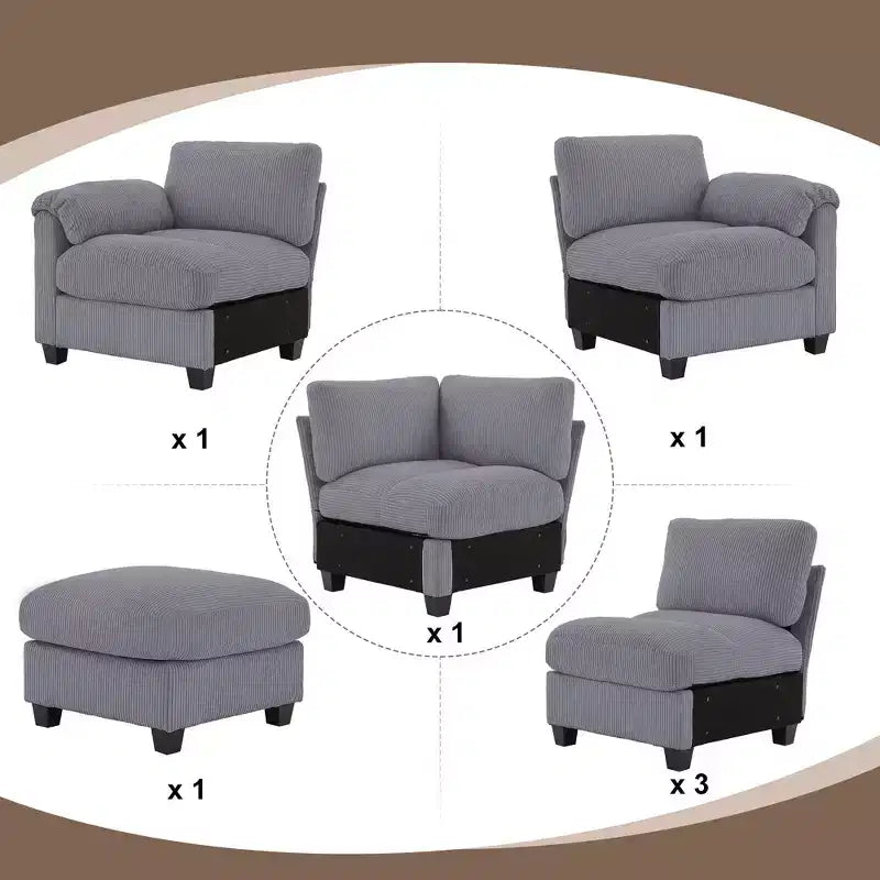 Divano sezionale modulare oversize Hyleory 115 in velluto a coste, divano a U con pouf mobile, grande divano angolare a 7 posti per soggiorno