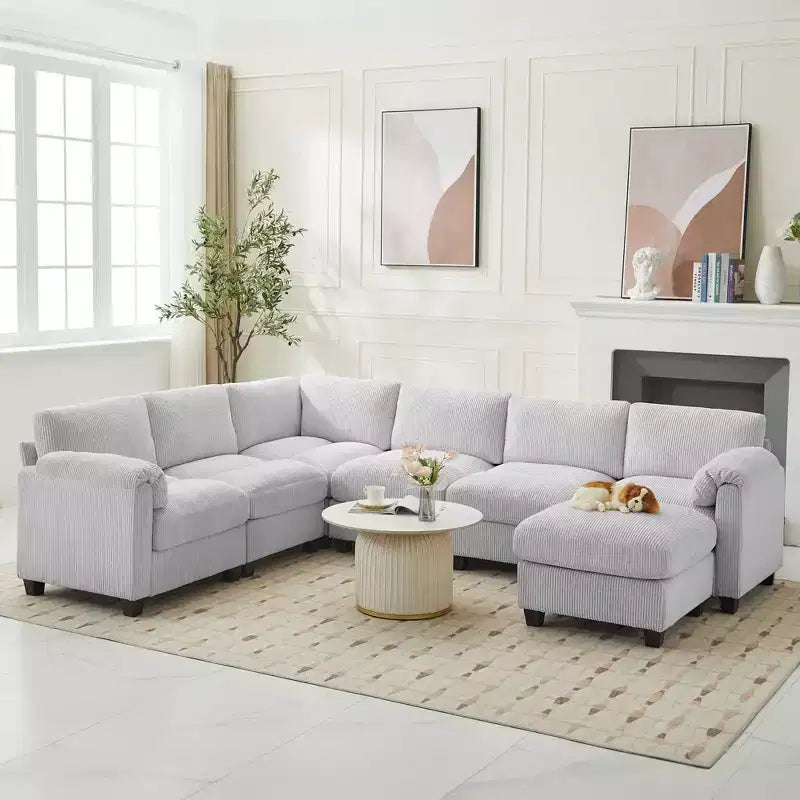 Divano sezionale modulare oversize Hyleory 115 in velluto a coste, divano a U con pouf mobile, grande divano angolare a 7 posti per soggiorno