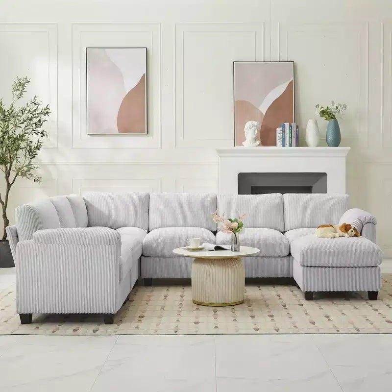 Divano sezionale modulare oversize Hyleory 115 in velluto a coste, divano a U con pouf mobile, grande divano angolare a 7 posti per soggiorno