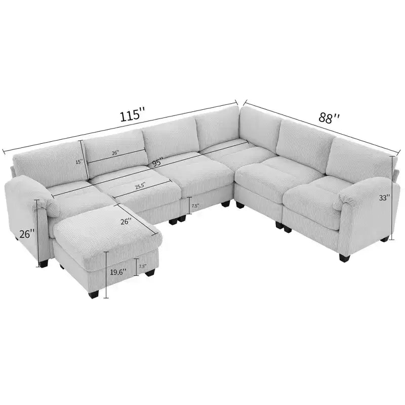 Divano sezionale modulare oversize Hyleory 115 in velluto a coste, divano a U con pouf mobile, grande divano angolare a 7 posti per soggiorno