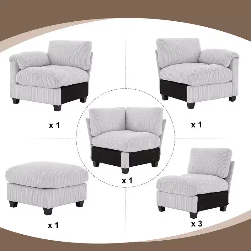 Divano sezionale modulare oversize Hyleory 115 in velluto a coste, divano a U con pouf mobile, grande divano angolare a 7 posti per soggiorno