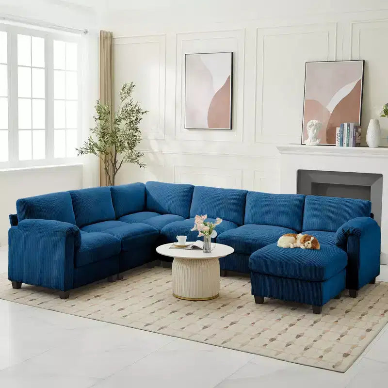 Divano sezionale modulare oversize Hyleory 115 in velluto a coste, divano a U con pouf mobile, grande divano angolare a 7 posti per soggiorno