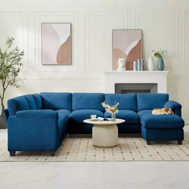 Divano sezionale modulare oversize Hyleory 115 in velluto a coste, divano a U con pouf mobile, grande divano angolare a 7 posti per soggiorno