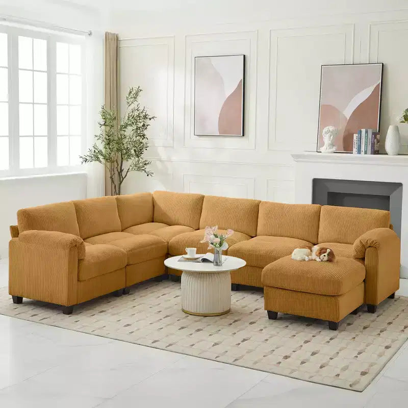 Divano sezionale modulare oversize Hyleory 115 in velluto a coste, divano a U con pouf mobile, grande divano angolare a 7 posti per soggiorno