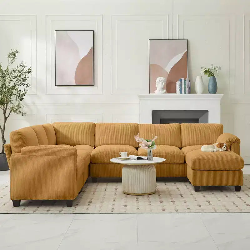 Divano sezionale modulare oversize Hyleory 115 in velluto a coste, divano a U con pouf mobile, grande divano angolare a 7 posti per soggiorno