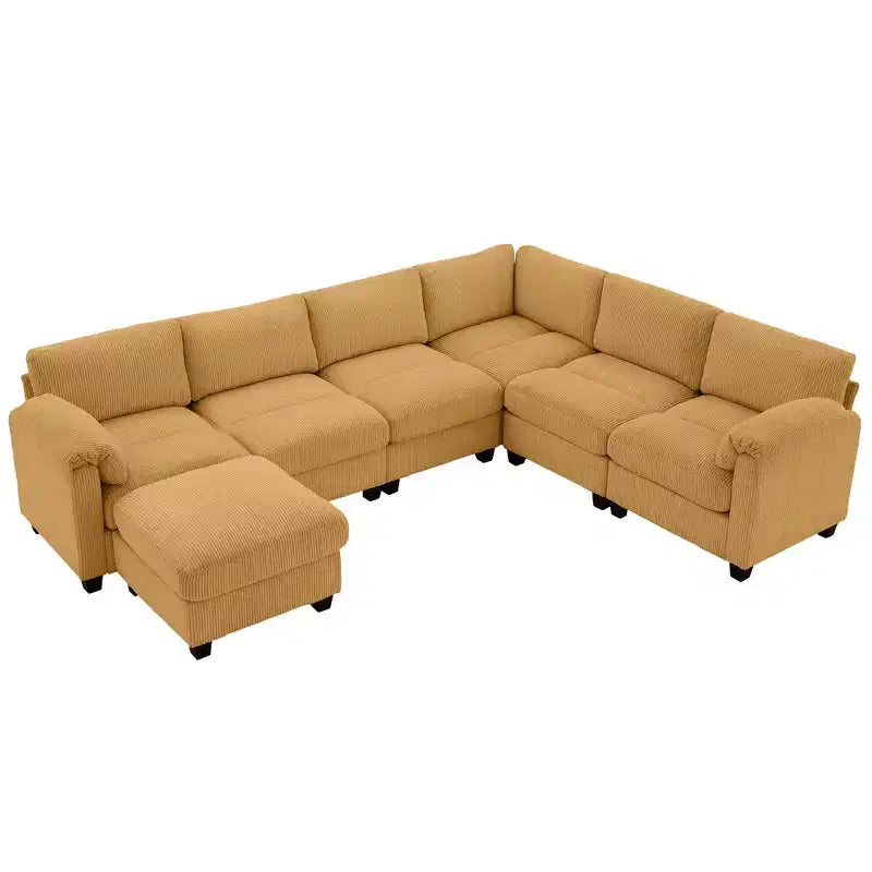 Divano sezionale modulare oversize Hyleory 115 in velluto a coste, divano a U con pouf mobile, grande divano angolare a 7 posti per soggiorno