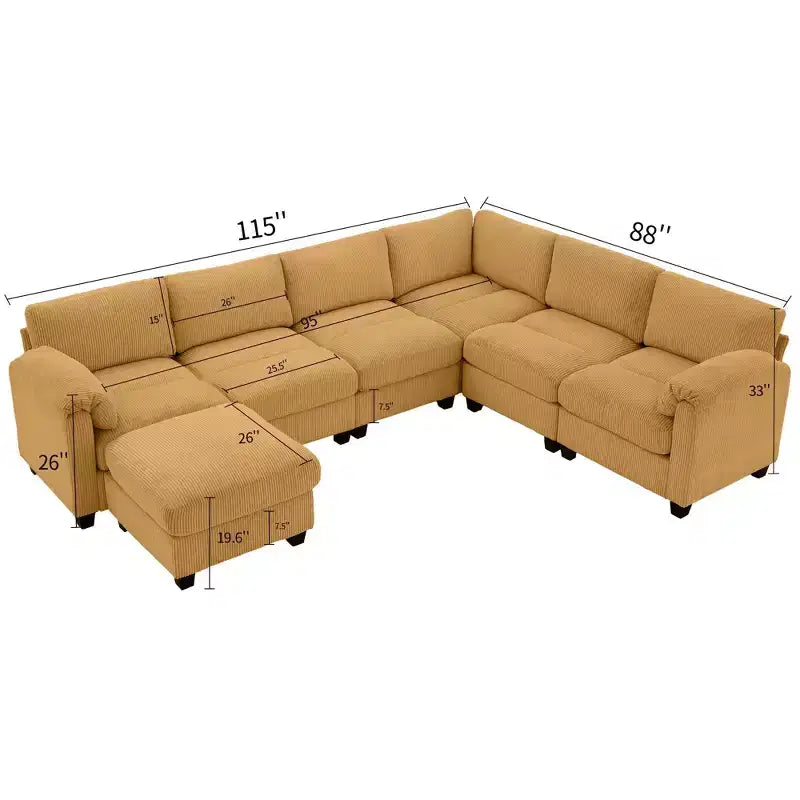 Divano sezionale modulare oversize Hyleory 115 in velluto a coste, divano a U con pouf mobile, grande divano angolare a 7 posti per soggiorno