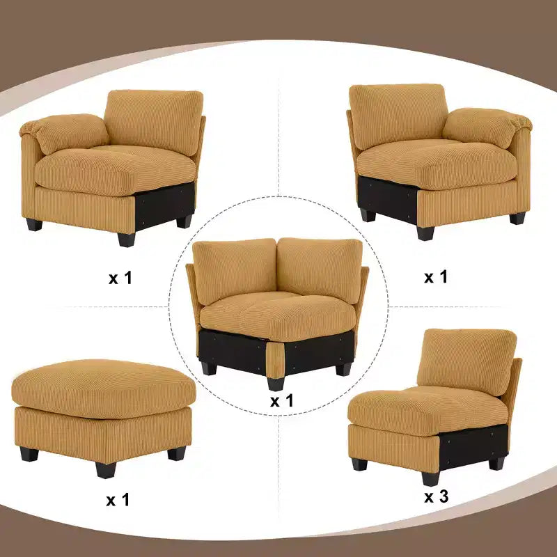 Divano sezionale modulare oversize Hyleory 115 in velluto a coste, divano a U con pouf mobile, grande divano angolare a 7 posti per soggiorno
